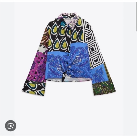 ZARA PATCHWORK BLOUSE WITH KNOT. Size Small. - Picture 7 of 9